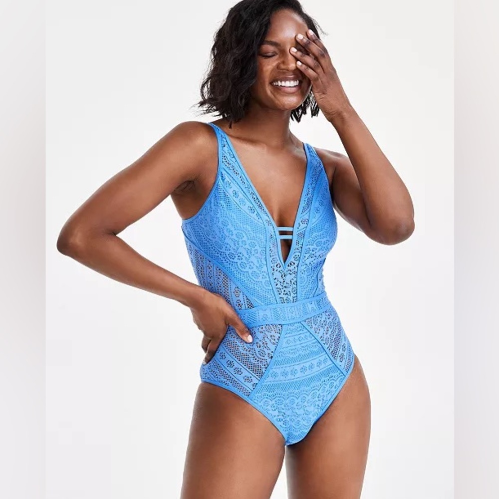 NWT Becca Blue Crochet Plunging One-Piece Keyhole Swimsuit